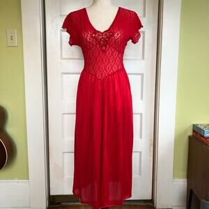 VTG Adonna Lace & Satin Nightgown Slip Dress S Red Long USA Lingerie Romantic